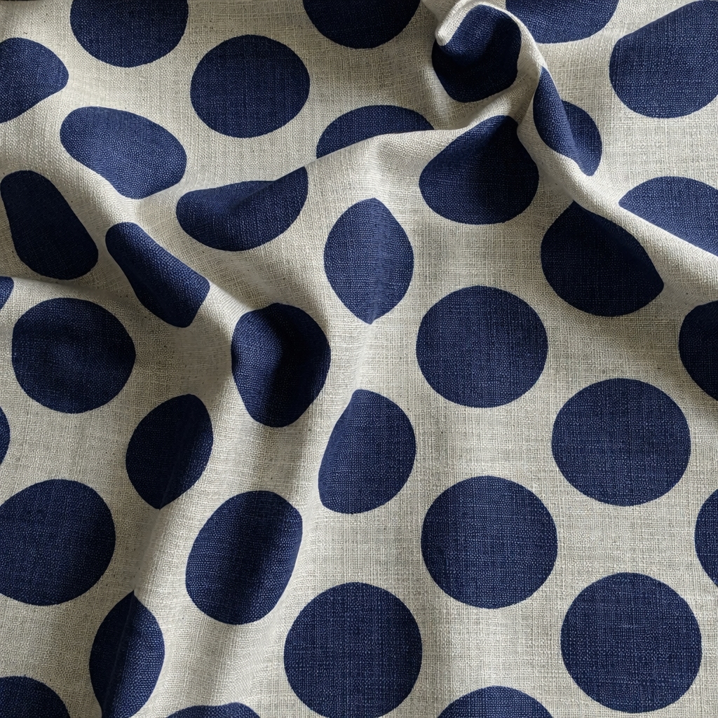 Navy blue polka dots on beige fabric