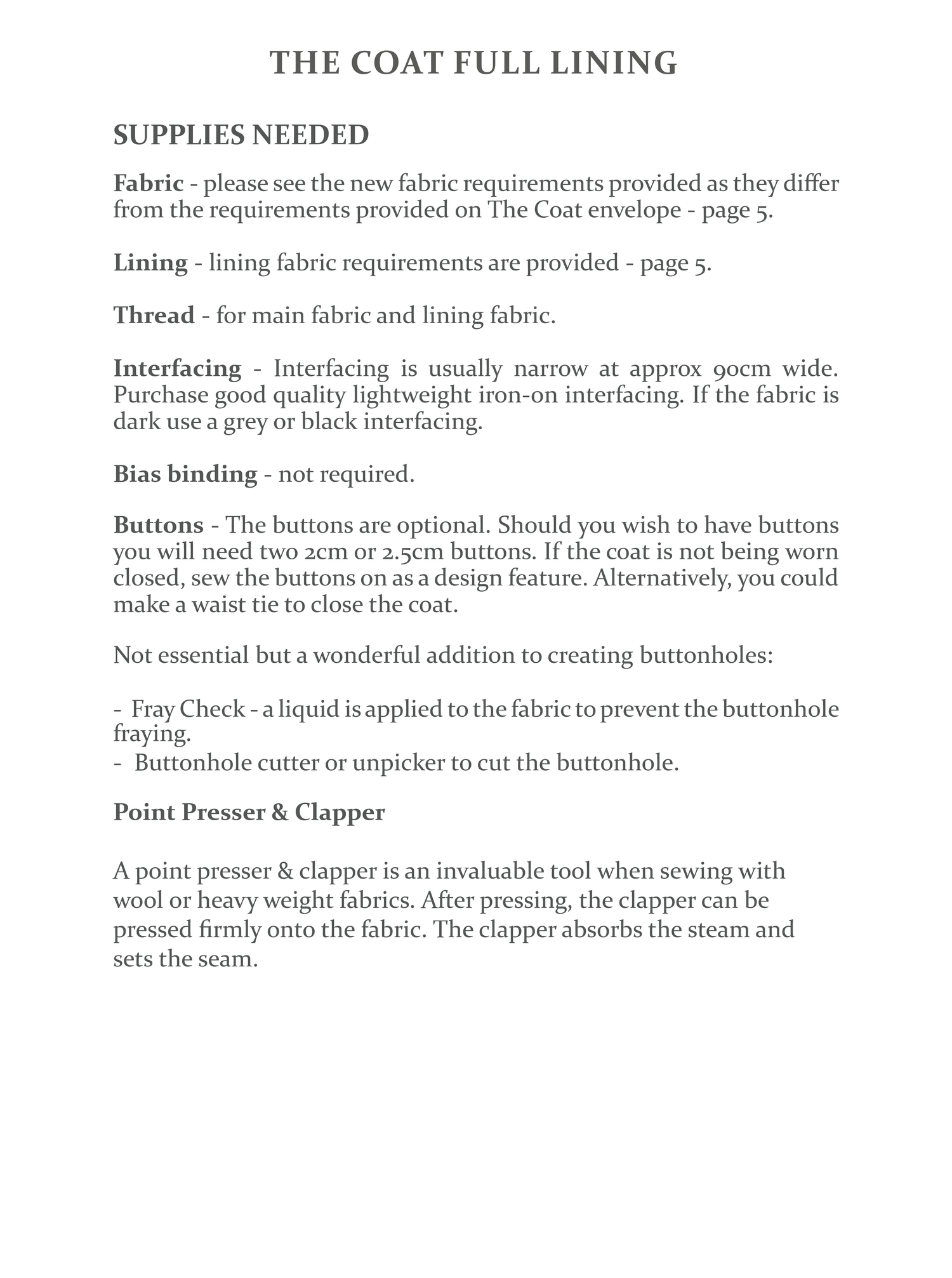 The Coat Sewing Pattern - Full Lining Add On - The Avid Seamstress