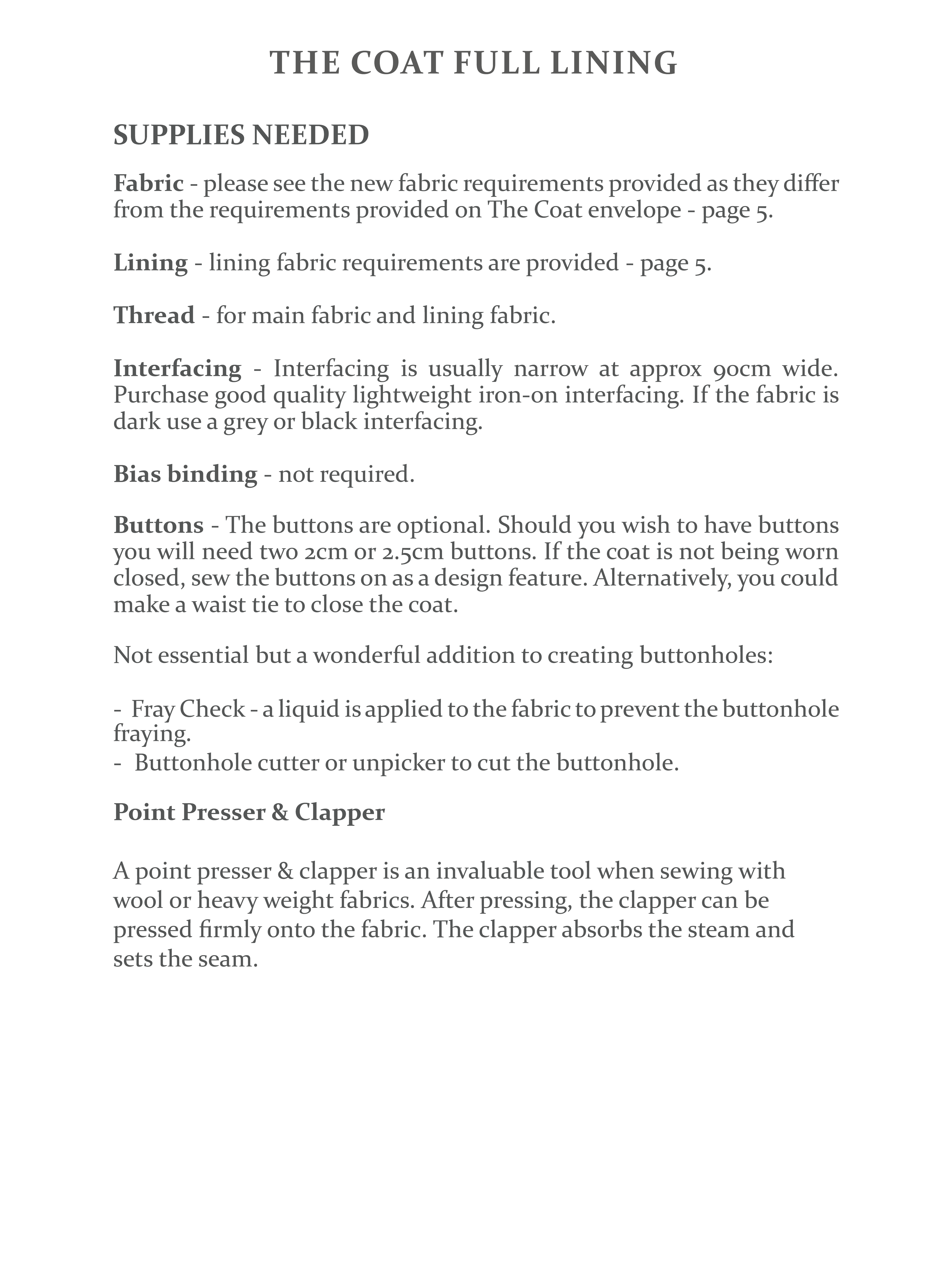 The Coat Sewing Pattern - Full Lining Add On - The Avid Seamstress