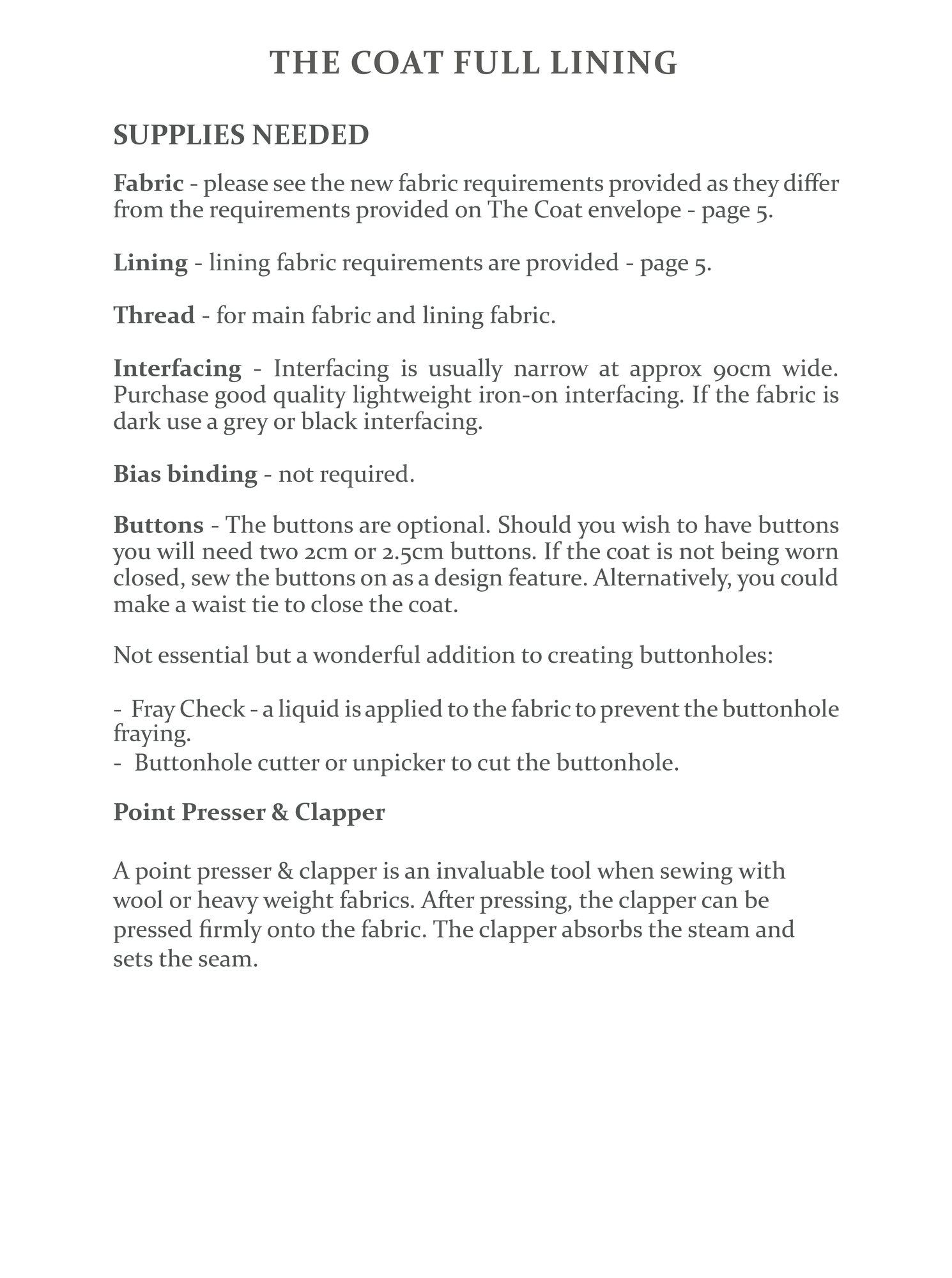 The Coat Sewing Pattern - Full Lining Add On - The Avid Seamstress